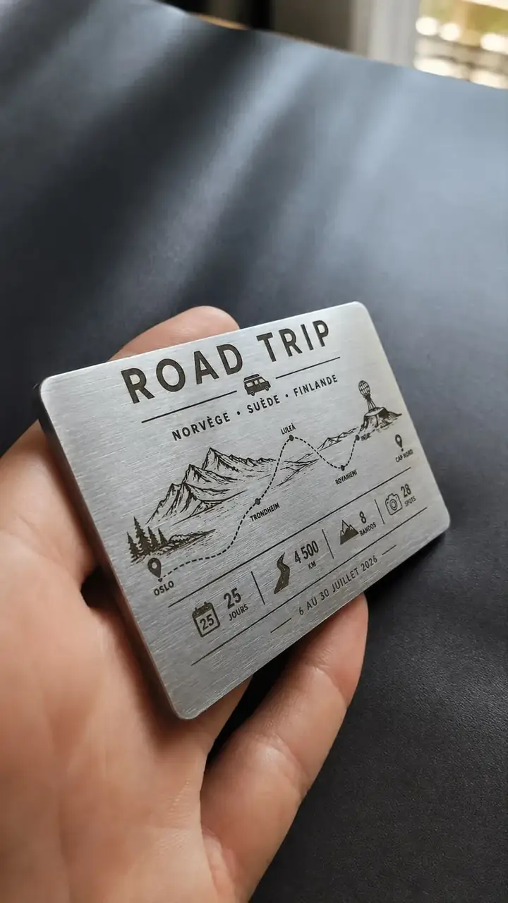 Plaque Road Trip tenue en main sur fond sombre